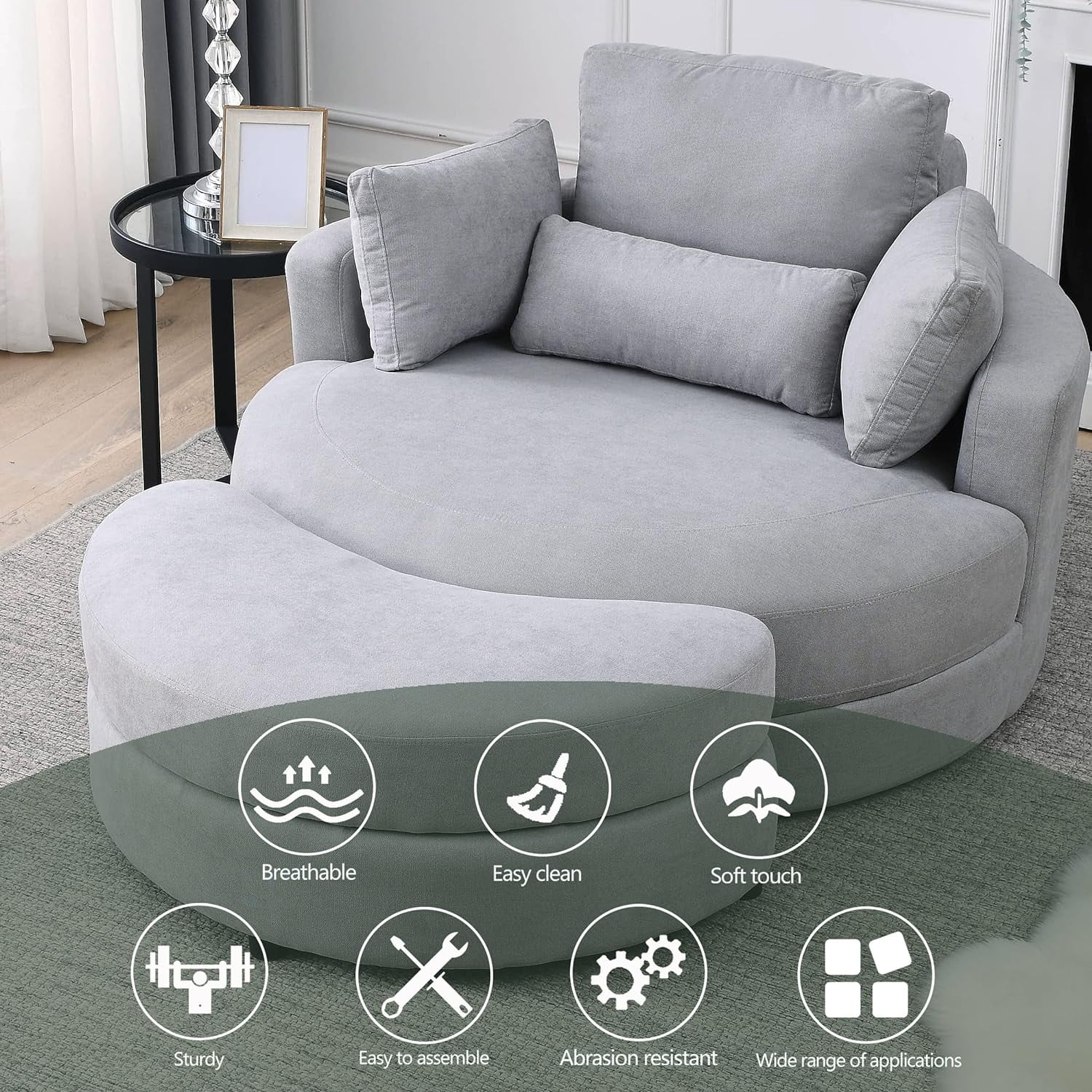 Gxcevsou 51''W Oversized Swivel Chair with Moon Storage Ottoman, Modern Accent Round Loveseat Circle Barrel Chairs Bedroom Cuddle Sofa Lounger Armchair, 4 Pillows, Linen Fabric, Light Gray