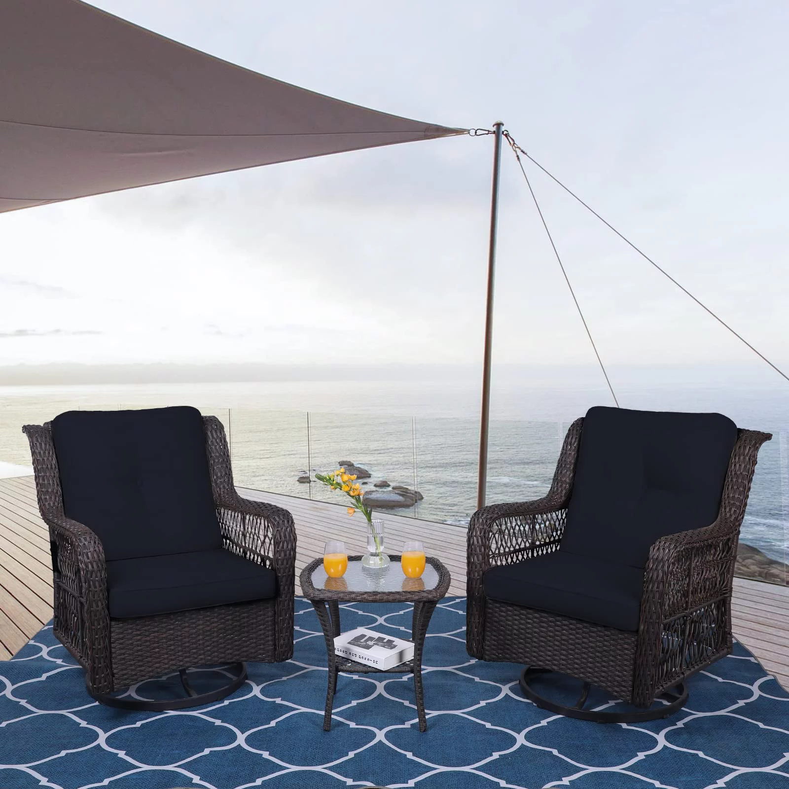 MEETWARM 3-Piece Patio Wicker Conversation Bistro Set Cushioned, Outdoor Swivel Rocking Chairs Rattan Furniture Sets with Thickened Cushion and Glass-Top Coffee Table (Navy Blue)