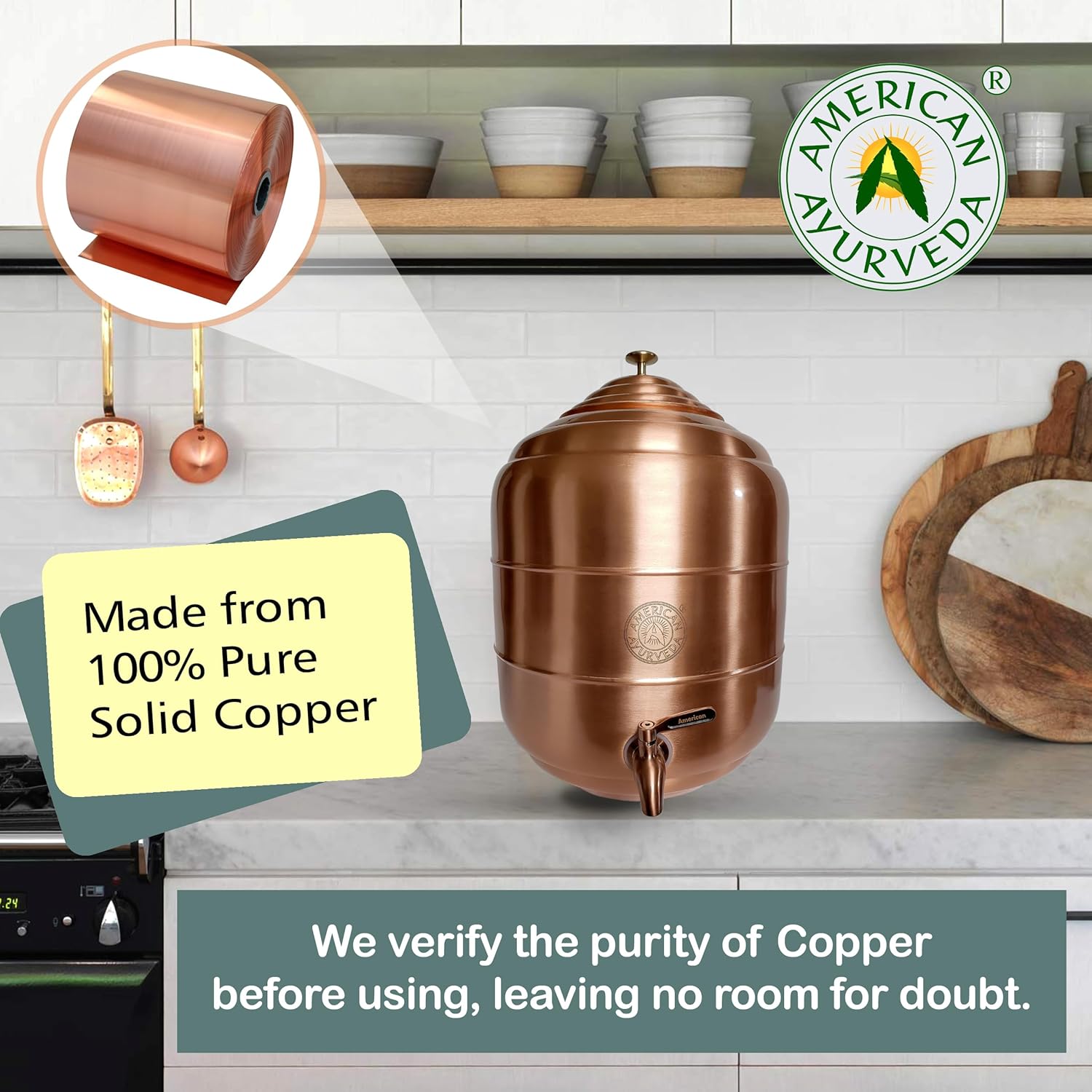 American Ayurveda Countertop 100% Pure Copper 5 Gallon Dispenser Storage Tank Pot With Stainless Steel Faucet and Lid Kitchen Home Health Yoga Meditation