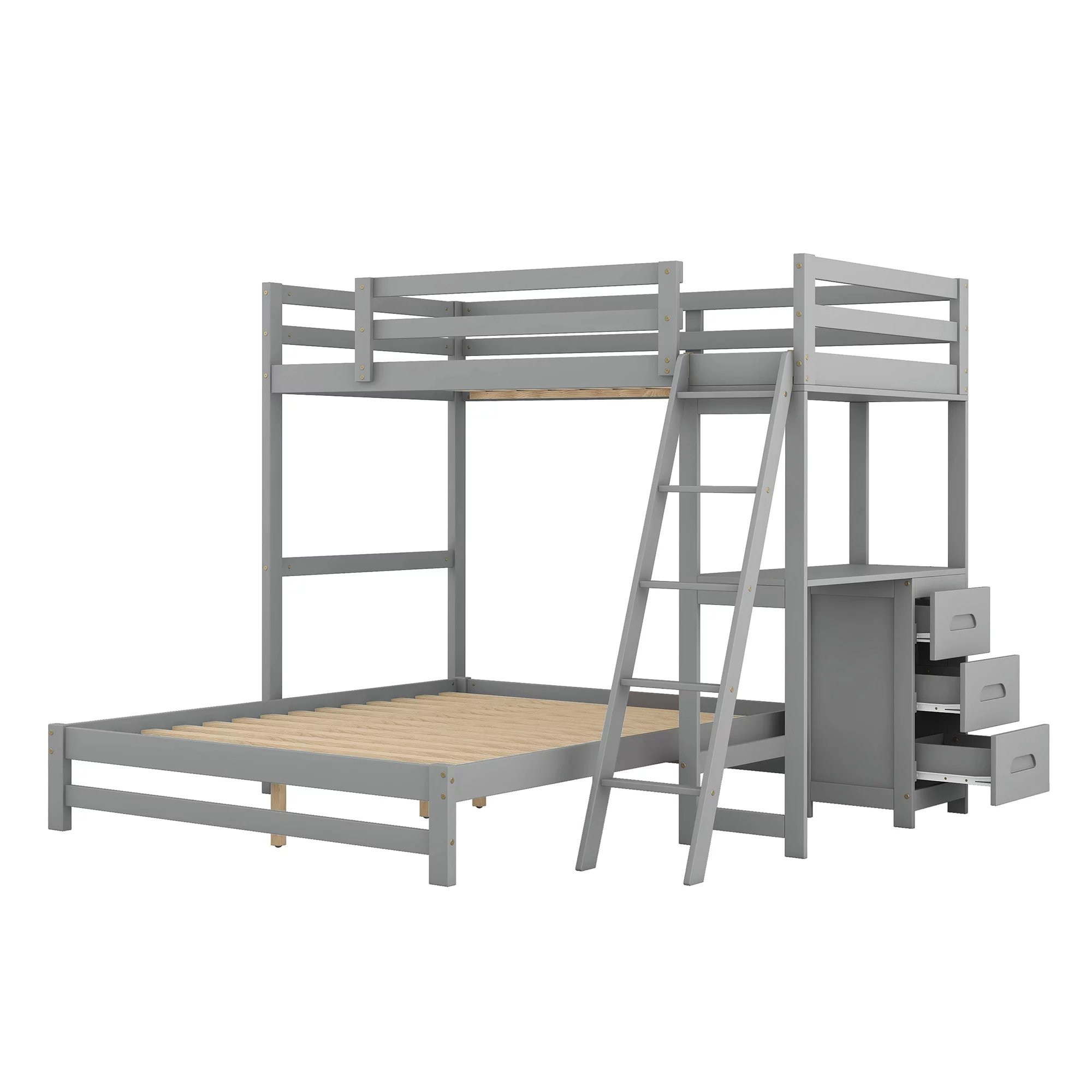EUROCO Twin over Full Bunk Bed with Desk and Drawers for Kids Room, Gray