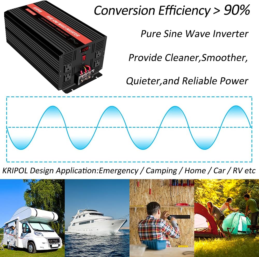 1000 Watt Pure Sine Wave Inverter 12v DC to 110/120v AC, Car Converter Inverter 4 AC&USB Output, Wireless Remote Control(170ft), Power Adapter for Home/Outdoor/RV/Emergency(1000W-12V)