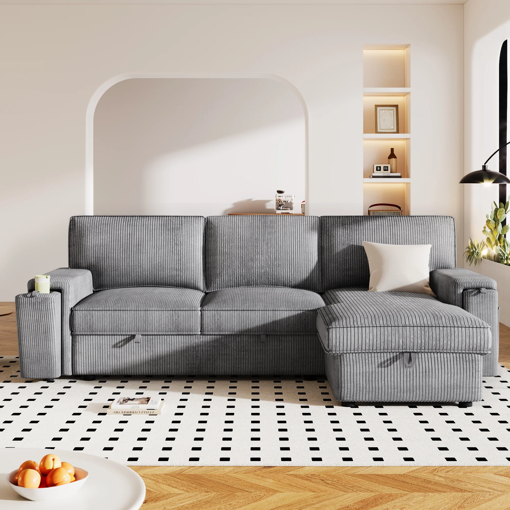 EUROCO 96.1" L-Shape Convertible Sleeper Sectional Sofa with Pull-Out Bed ,Storage Chaise and 2 Cup Holders, Corduroy Upholstered Reversible Corner 3 Person Couch, for Living Room, Apartment,Gray
