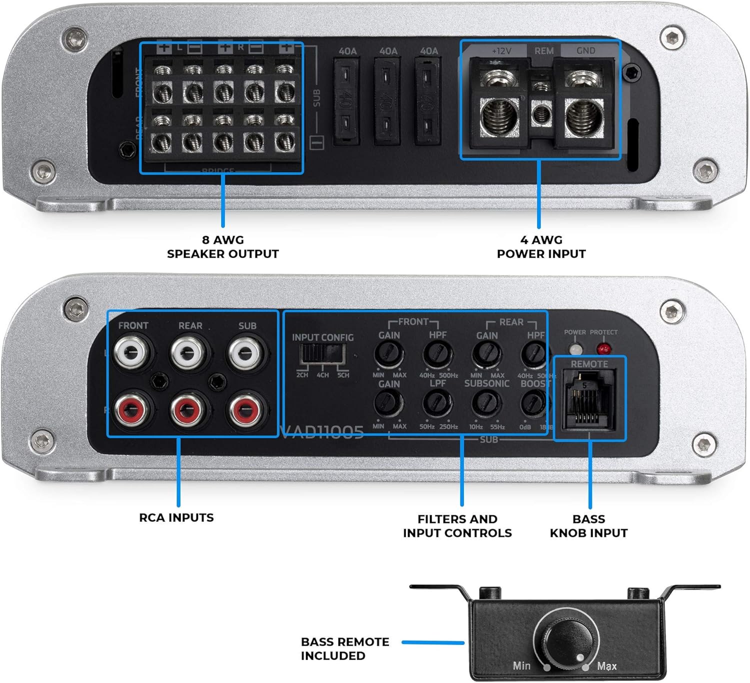 NVX VAD11005 1100W Full Range Class D 5-Channel Car/Marine/Powersports Amplifier with Bass Remote