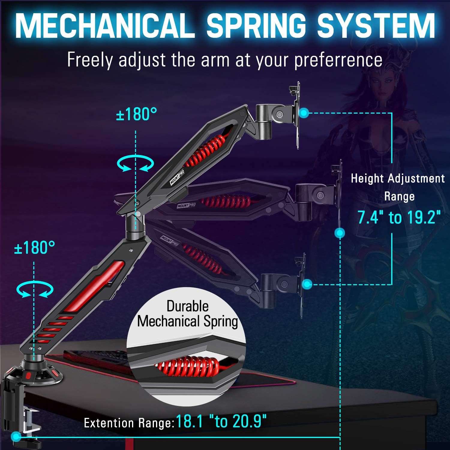 MOUNT PRO Single Gaming Monitor Stand - Mechanical Spring Monitor Mount, Adjustable Gaming Monitor Arm with C Clamp and Grommet Mounting Base - Fits for Computer Screen up to 32”, VESA 75x75, 100x100