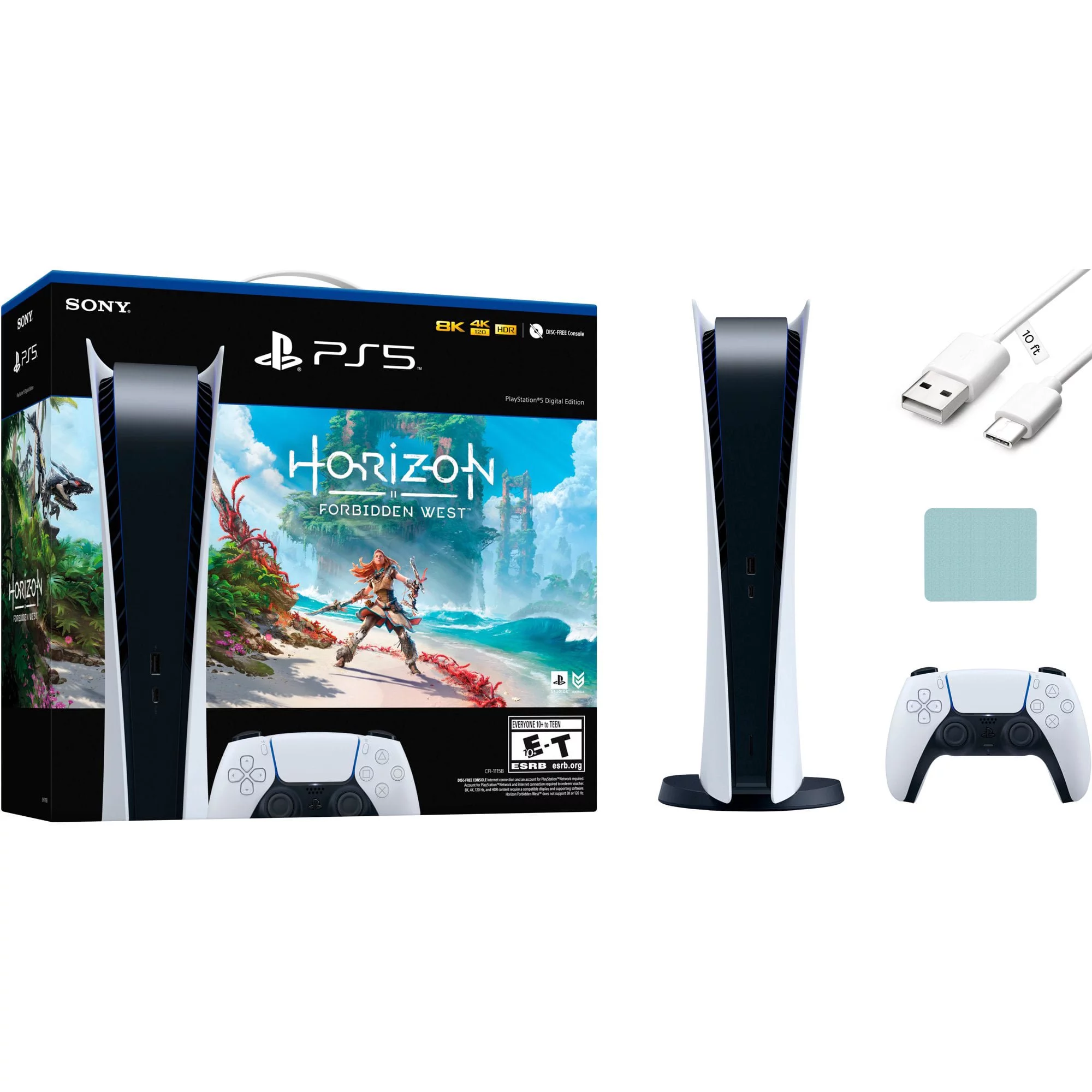 Play-Station-5 Digital Edition Horizon Forbidden West Bundle, Extra White Wireless Controller + Mazepoly Dual Charger Dock for Controllers