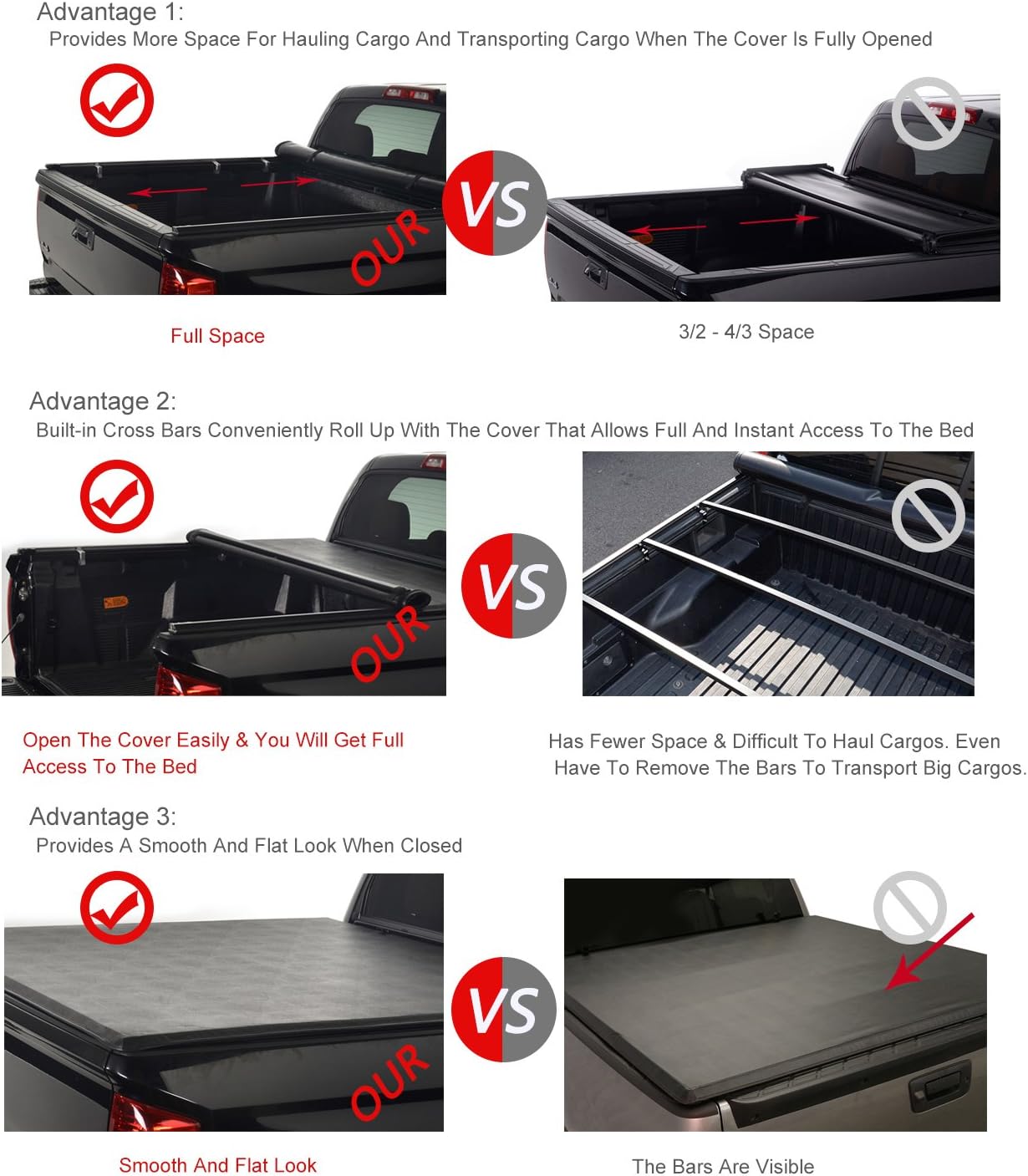 V-supplies Soft Tonneau Cover Truck Bed, 6ft Fleetside Bed | for Chevy 94-03 S10 & for GMC Sonoma & for Isuzu 96-00 Hombre Pickup