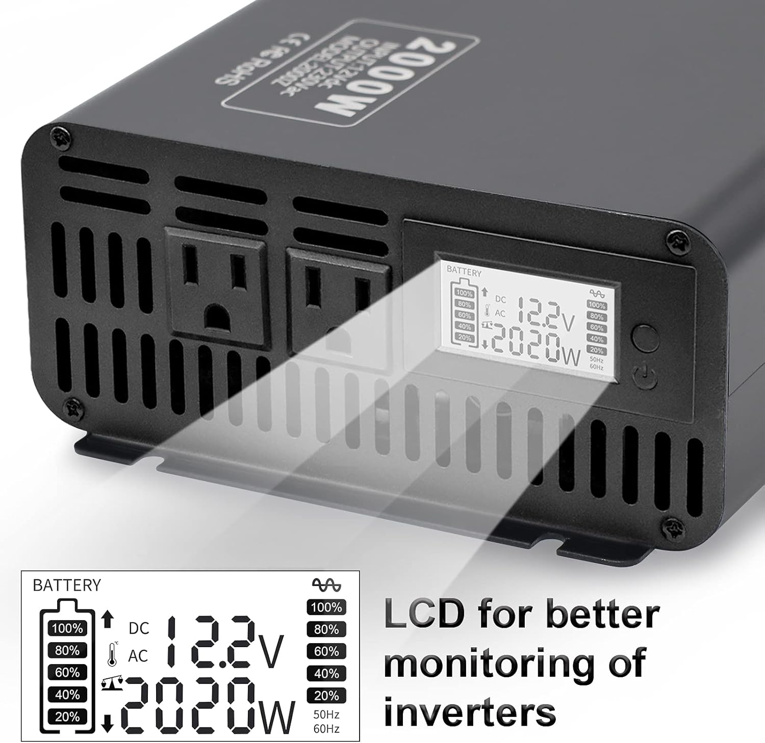Pure Sine Wave Inverter 2000W Peak 4000W Power Inverter DC 12V to AC 110V 120V with 2 AC Outlets LCD Display for Home Solar System Car Truck RV Professional-Grade Voltage Converter Sine Wave Inverter