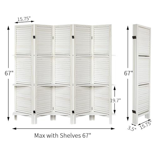 Room Divider with Shelves, Privacy Screen, Room Dividers and Folding Privacy Screens, 5 Panel Wood Temporary Wall Partition Separation Separator, Coconut