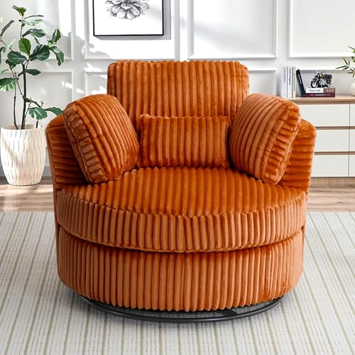 Chair and A Half with Ottoman, 360° Swivel Accent Barrel Chair Modern Comfy Round Reading Sofa Swivel Chairs Circle Lounge Chair for Bedroom Living Room w/4 Pillow Lower Seating Heigh (White, Large)