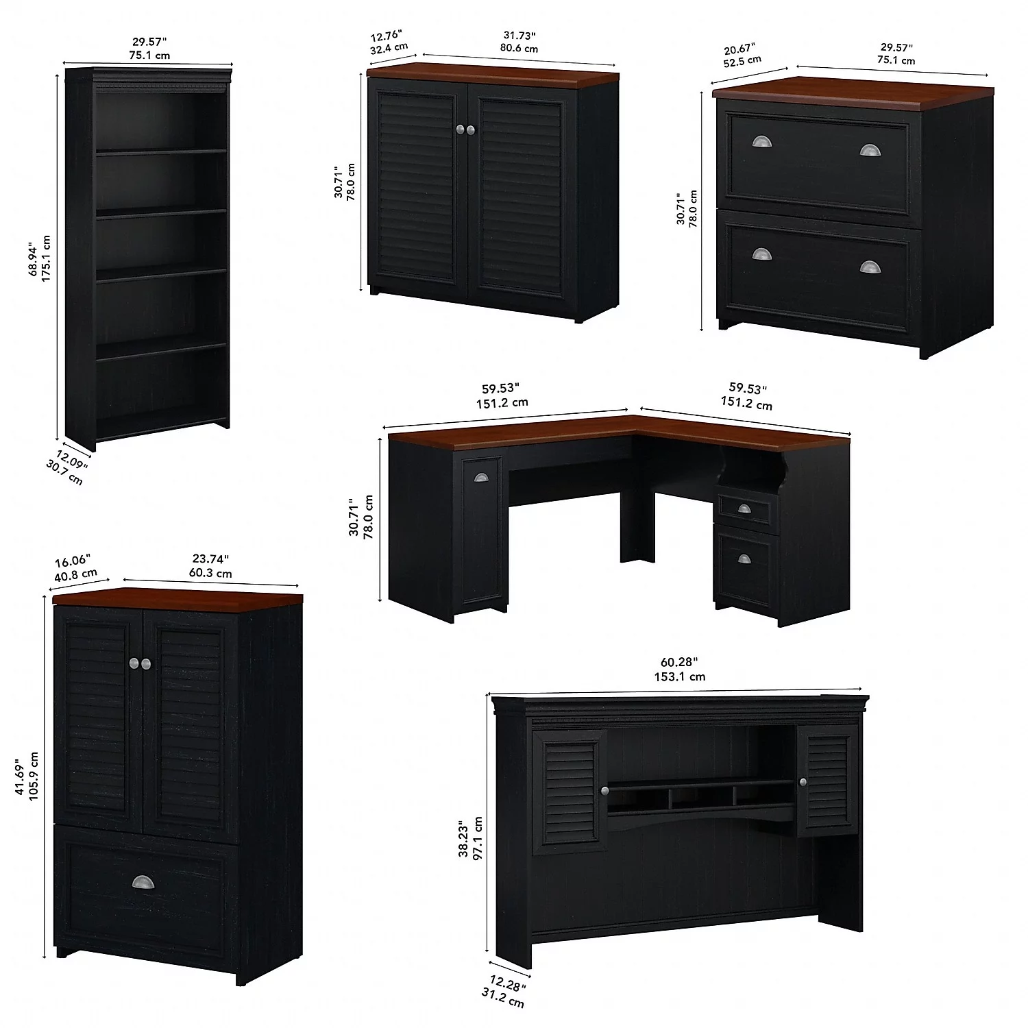 Fairview L Shaped Desk with Hutch and Storage Set in Black - Engineered Wood