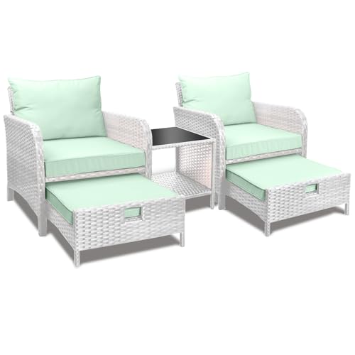 LEVELEVE Balcony Furniture 5 Piece Patio Conversation Set, PE Wicker Rattan Outdoor Lounge Chairs with Soft Cushions 2 Ottoman&Glass Table for Porch, Lawn-Brown Wicker