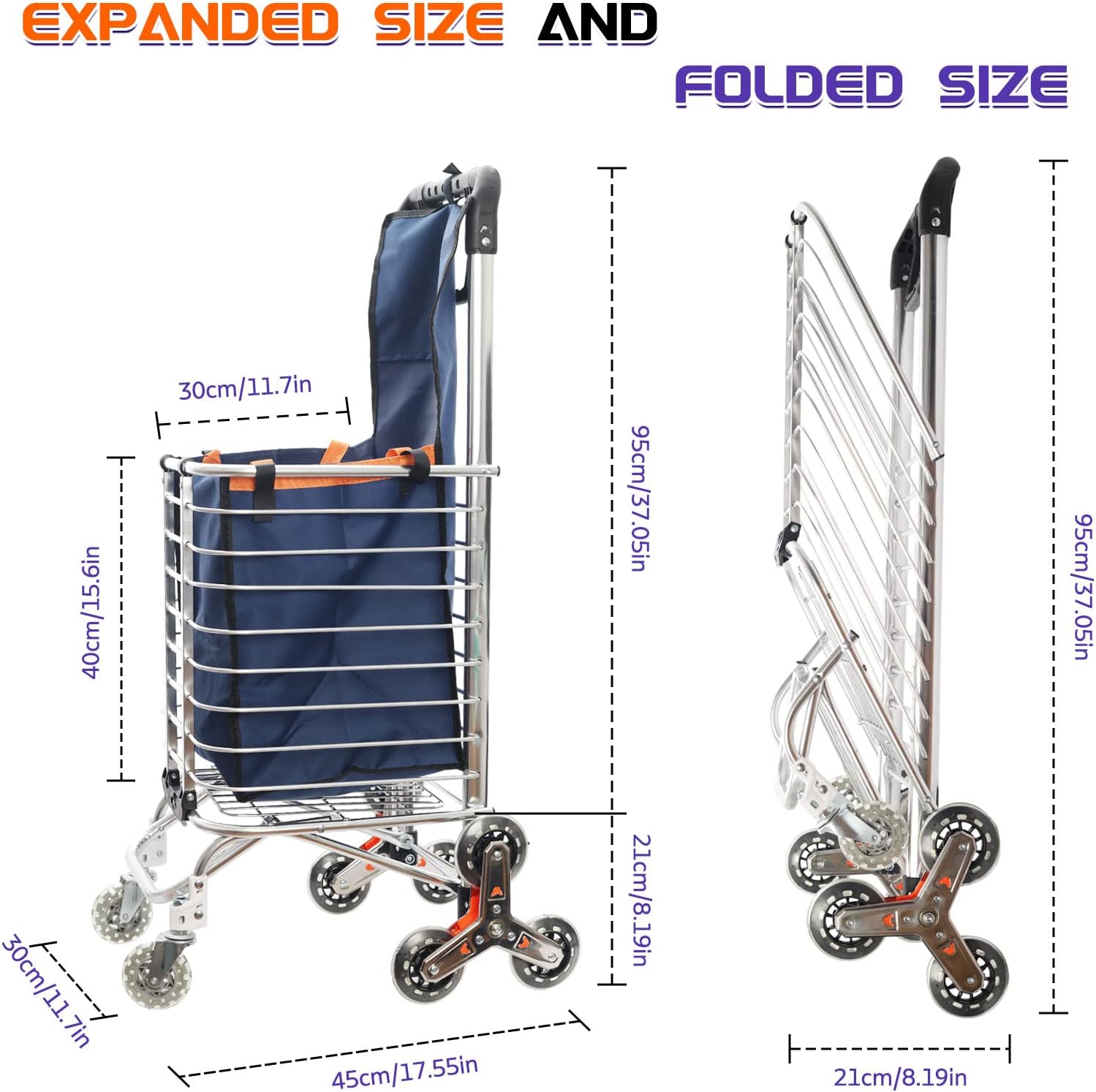 Portable Shopping Cart Stair Climbing Cart Folding Grocery Utility Carts with Rolling Swivel Wheels and Waterproof Removable Canvas Bag Utility Shopping Cart