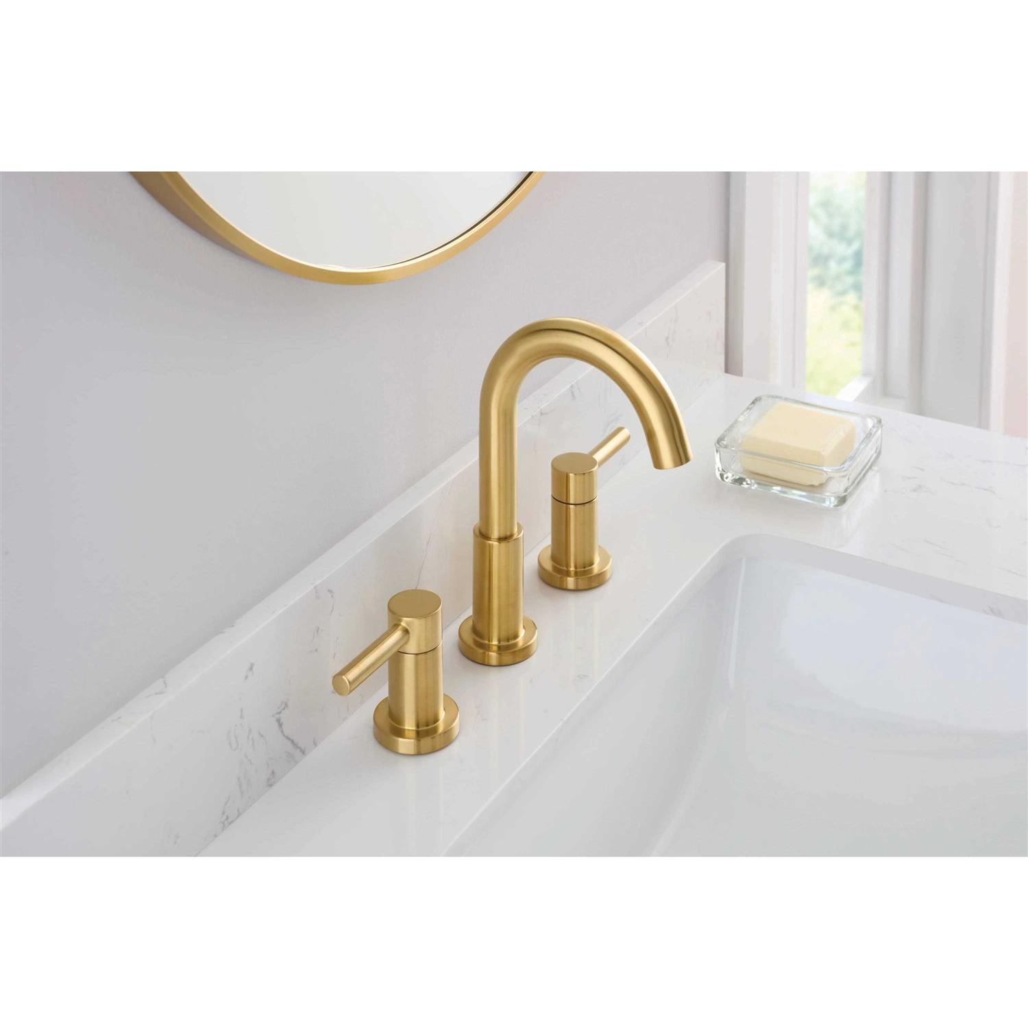 allen + roth Brushed Gold 2-Handle Widespread WaterSense Mid-Arc Bathroom Sink Faucet with Drain 67693W-614408 - Shop Hardware Tools Online Store