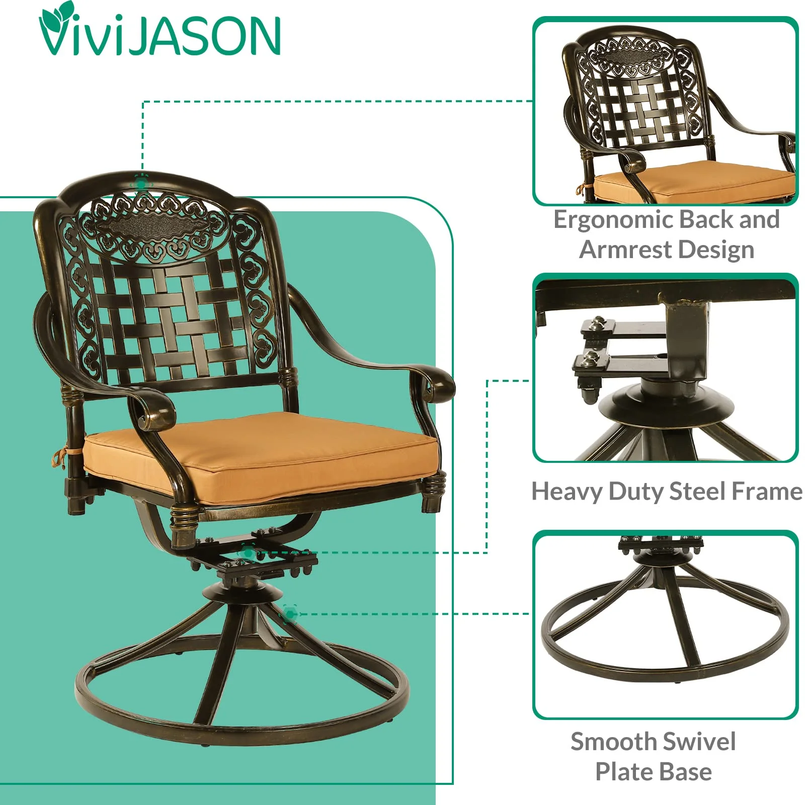 VIVIJASON 5-Piece Outdoor Patio Dining Set, All-Weather Cast Aluminum Conversation Set, Patio Furniture Set for Balcony Lawn Garden, Include 4 Swivel Cushioned Chairs, 1 Square Table w/Umbrella Hole