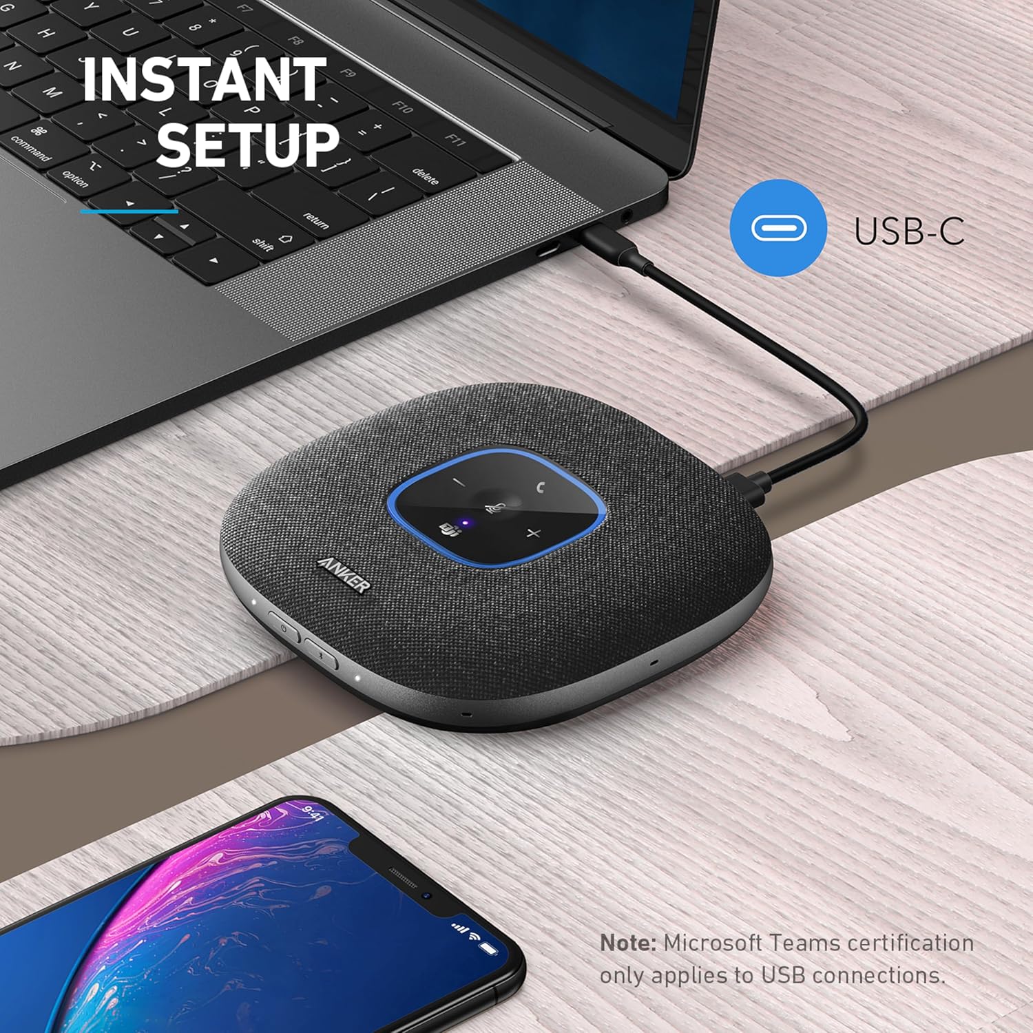 Anker PowerConf S3 MS Speakerphone with Microsoft Teams Certification, 6 Mics, Enhanced Voice Pickup, 24H Call Time, App Control, Bluetooth 5.3, USB C, Compatible with Leading Platforms, Home Office