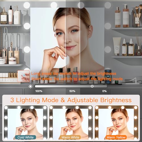 Quimoo Large Vanity Desk with LED Lighted Mirror & Power Outlet,Makeup Vanity Table with 7 Drawers,4 Shelves and 5 Hooks,Vanity Table, Vanity Desk Set for Bedroom,Bathroom,White