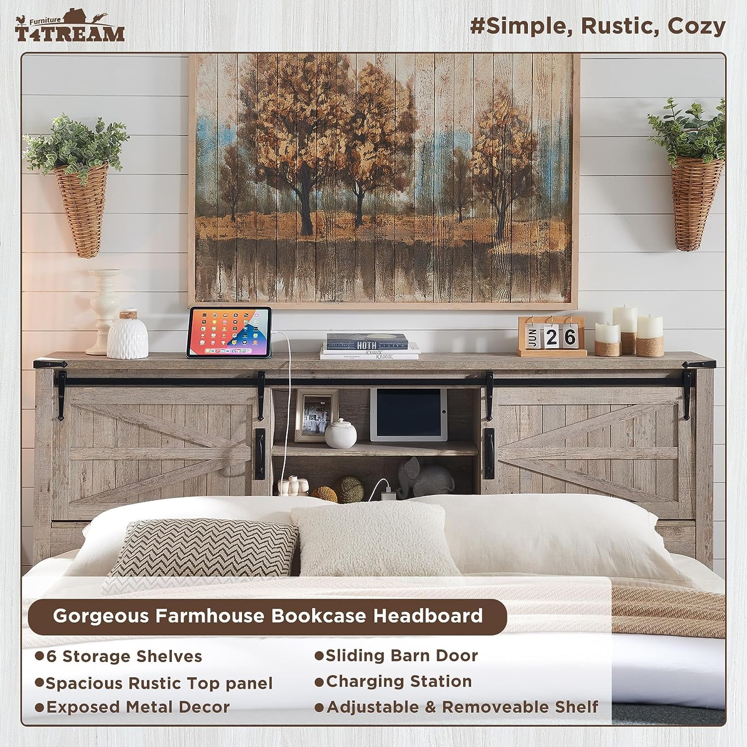 OKD Modern Farmhouse Full Platform Bed with Bookcase Headboard Storage and Charging Station, No Box Spring Needed, Anitique White Finish