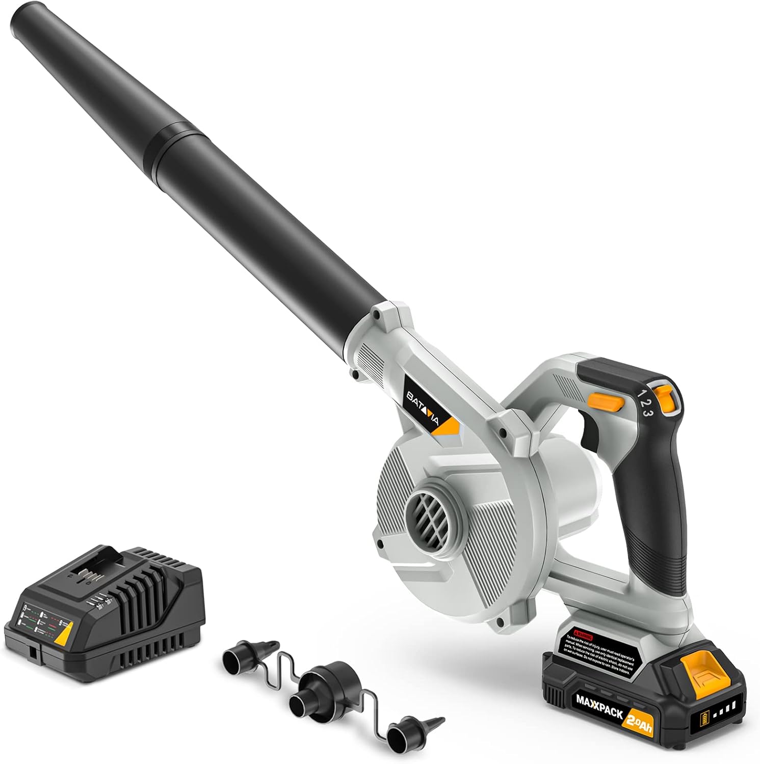 BATAVIA 20V Cordless Leaf Blower, [3 Speed/100CF/170MPH] Electric Leaf Blower & Vacuums w/ Charger & 2.0Ah Lithium Battery, 2 Section Tube, Leaf Sweeper for Leaves, Dust, Snow, Lawn, Patio, Yards