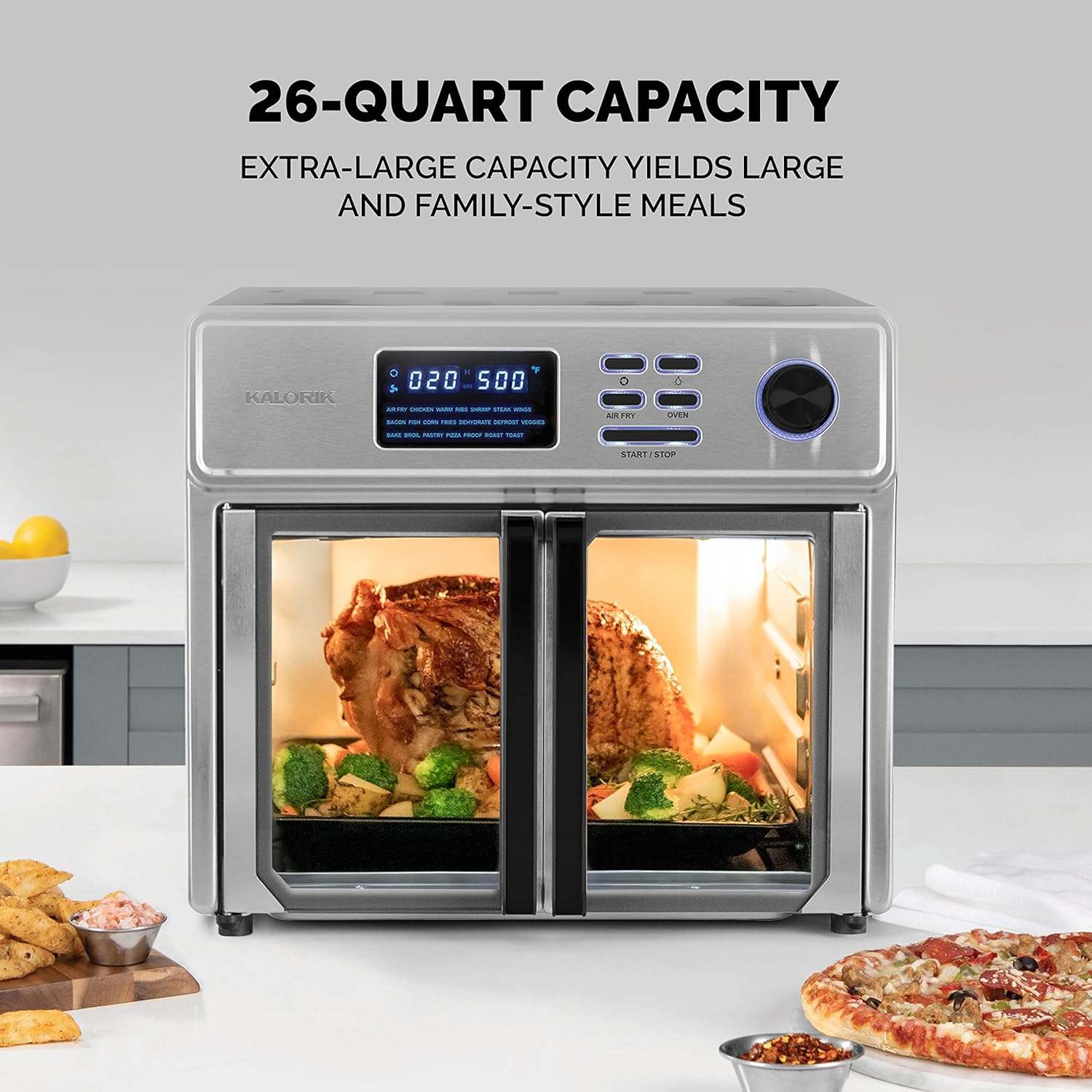 Kalorik MAXX® Complete Digital 26-Quart 10-in-1 Countertop Air Fryer Oven, 15 Deluxe Accessories & 60-Recipe Hardcover Cookbook, 21 Presets, 1700W, Stainless Steel, AFO 50253 OW