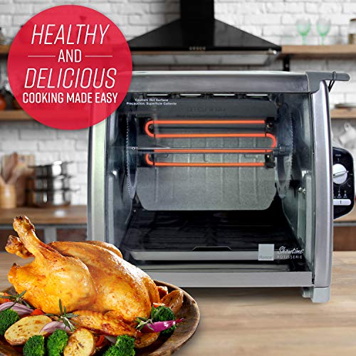 Ronco Showtime Large Capacity Rotisserie & BBQ Oven Modern Edition, Simple Switch Controls, Silicone Door Tie, Auto Shutoff, Includes Multipurpose Basket