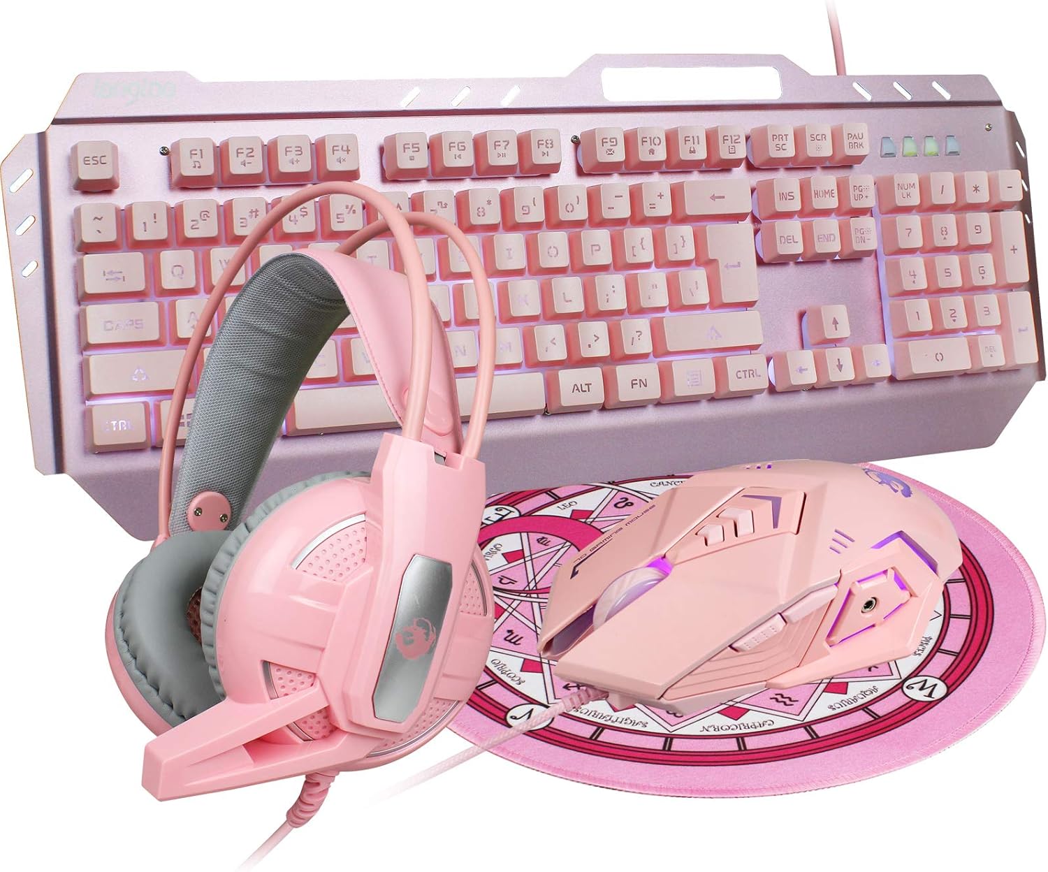 DGG Pink 4-in-1 Gaming Keyboard Mouse Headset Combo, White Led Backlit 104 Keys Ergonomic Gamer Keyboard+4800DPI Adjust Optical Game Mouse+3.5mm Gaming Stereo Headset Pack of 2