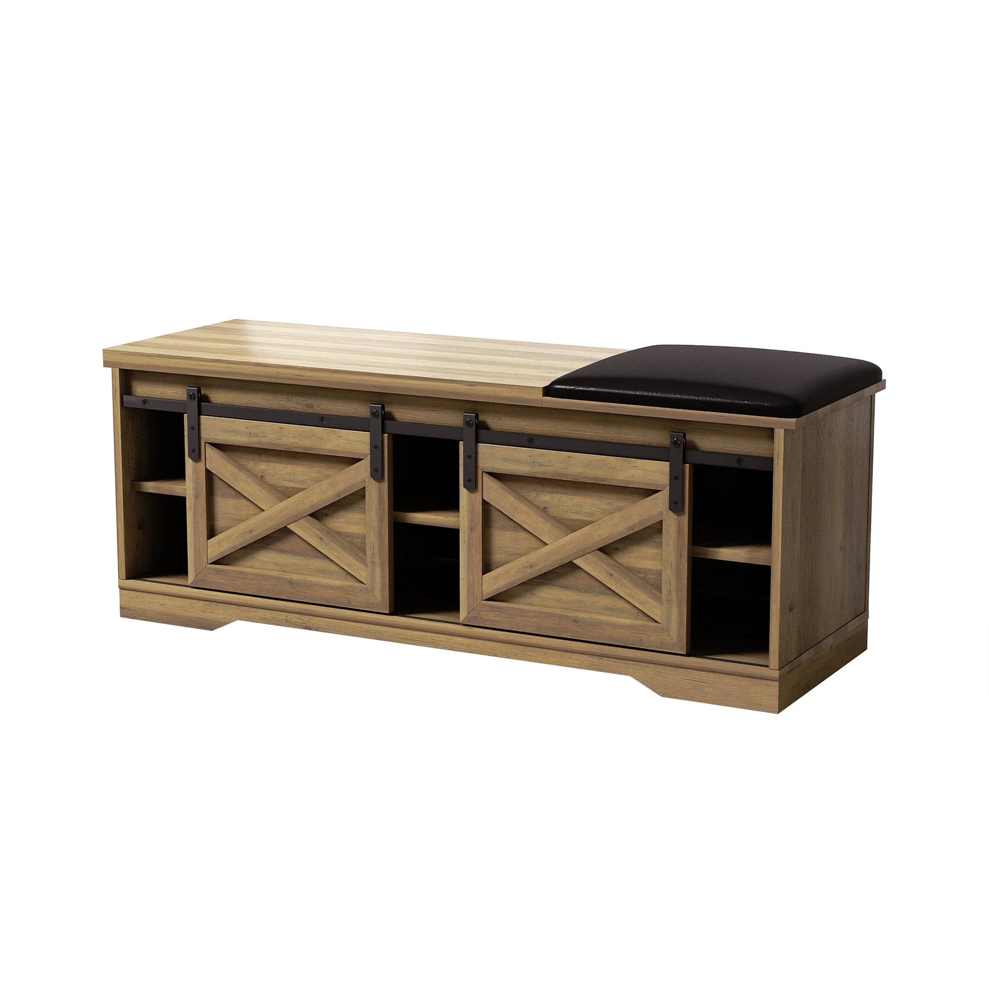 Shoe Bench Entryway with Storage & Cushion, Farmhouse Entryway Bench with Shoe Storage Brown, Bench Shoe Storage with Doors, Shoe Storage with Bench for Entryway, Entry Bench Seat with Storage
