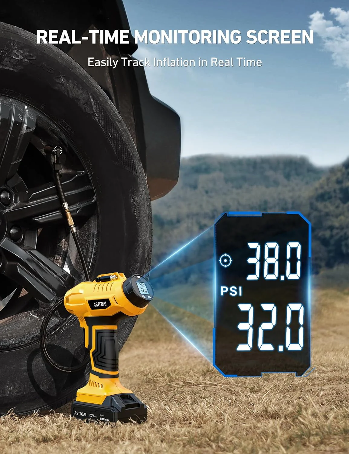 Car Auto Tire Inflator, 160 PSI Cordless Car Air Pump, with 20V Rechargeable Battery, Yellow, for Gift