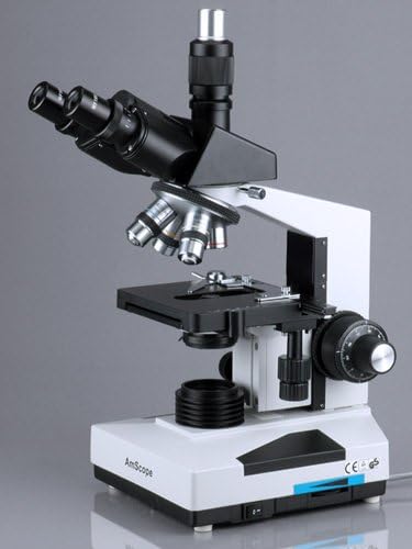 AmScope T490A-8M Digital Compound Trinocular Microscope, WF10x and WF16x Eyepieces, 40X-1600X Magnification, Brightfield, Halogen Illumination, Abbe Condenser, Double-Layer Mechanical Stage, Sliding Head, High-Resolution Optics, Includes 8MP Camera w