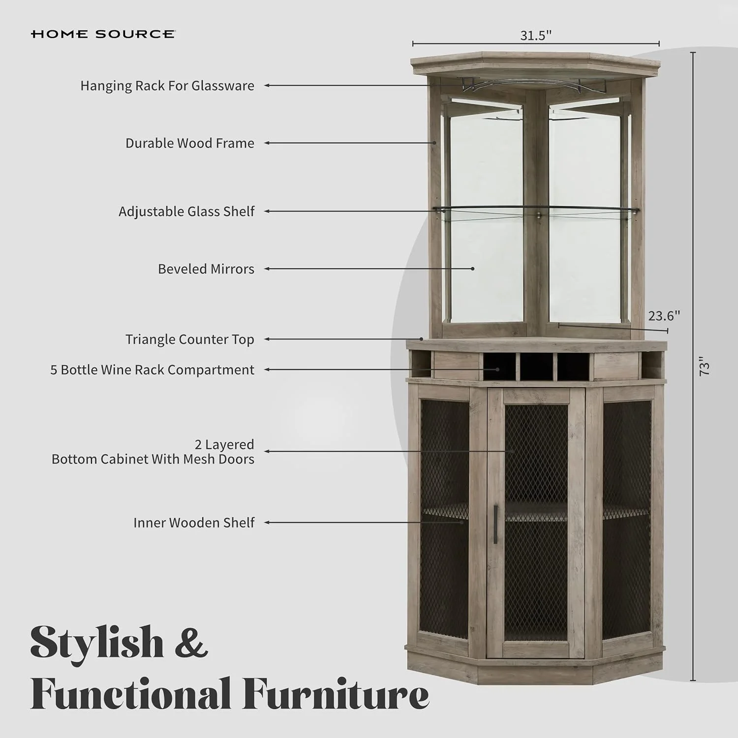Stone Grey Corner Bar Unit 73" With Built-In Wine Rack And Lower Bar Cabinet For Liquor And Glasses | Storage
