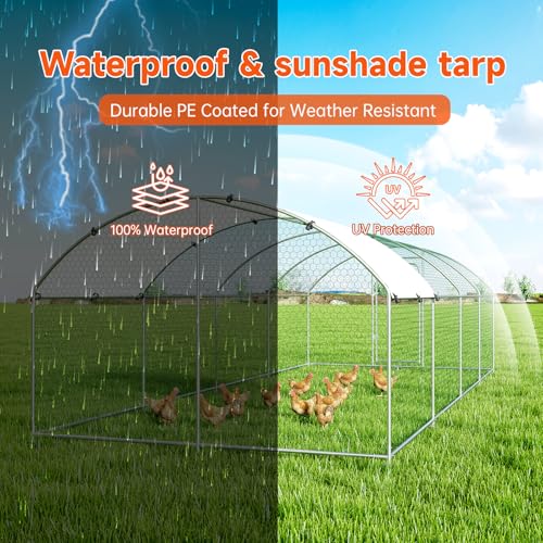 Large Metal Chicken Coop, Chicken Run Poultry Cage Hen with Water-Resident and Anti-UV Cover for Duck Rabbit House Outdoor Walk-in Chicken Pen for Yard, Dome Roof(10’ W x 19.7’ L x 6.4’ H)