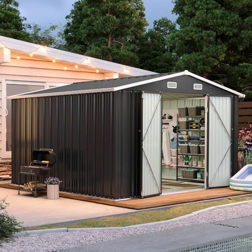 Aoxun 10 x 12FT Outdoor Storage Shed with Double Hinged Large Door Utility Garden Shed with Lockable Door & Sloped Roof Metal Sheds Outdoor Storage for Garden, Backyard, Patio and Backyard, Brown