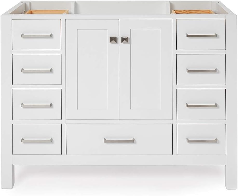 ARIEL 42 inch White Bathroom Vanity Base Cabinet with Single Sink Configuration | 2 Soft Closing Doors and 9 Full Extension Dovetail Drawers | Satin Nickel Hardware | 42 x 21.5 x 34.5