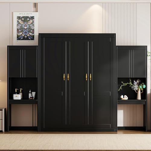 KLMM Wooden Murphy Bed Wall Bed with 2 Wardrobe and Storage Shelf,Foldable Platform Bedframe for Guest-Room Bedroom Study Office Use (White#E, Full)