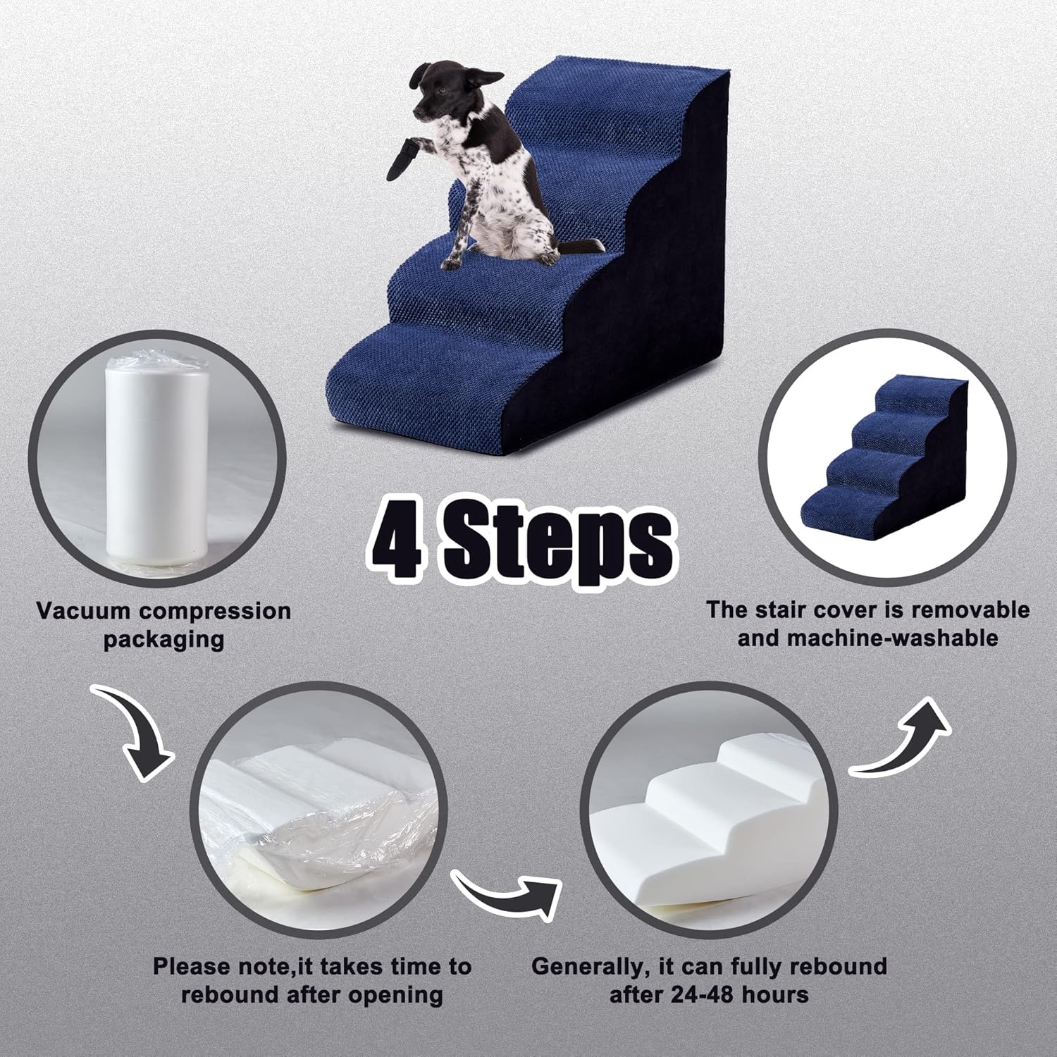 MALOROY 2 Tiers Foam Dog Ramps, Dog Ladder Pet Ramp Stairs Non-Slip Pet Step for Older Dogs and Pets with Joint Pain, Sofa Bed Ladder for Cats（Navy Blue）