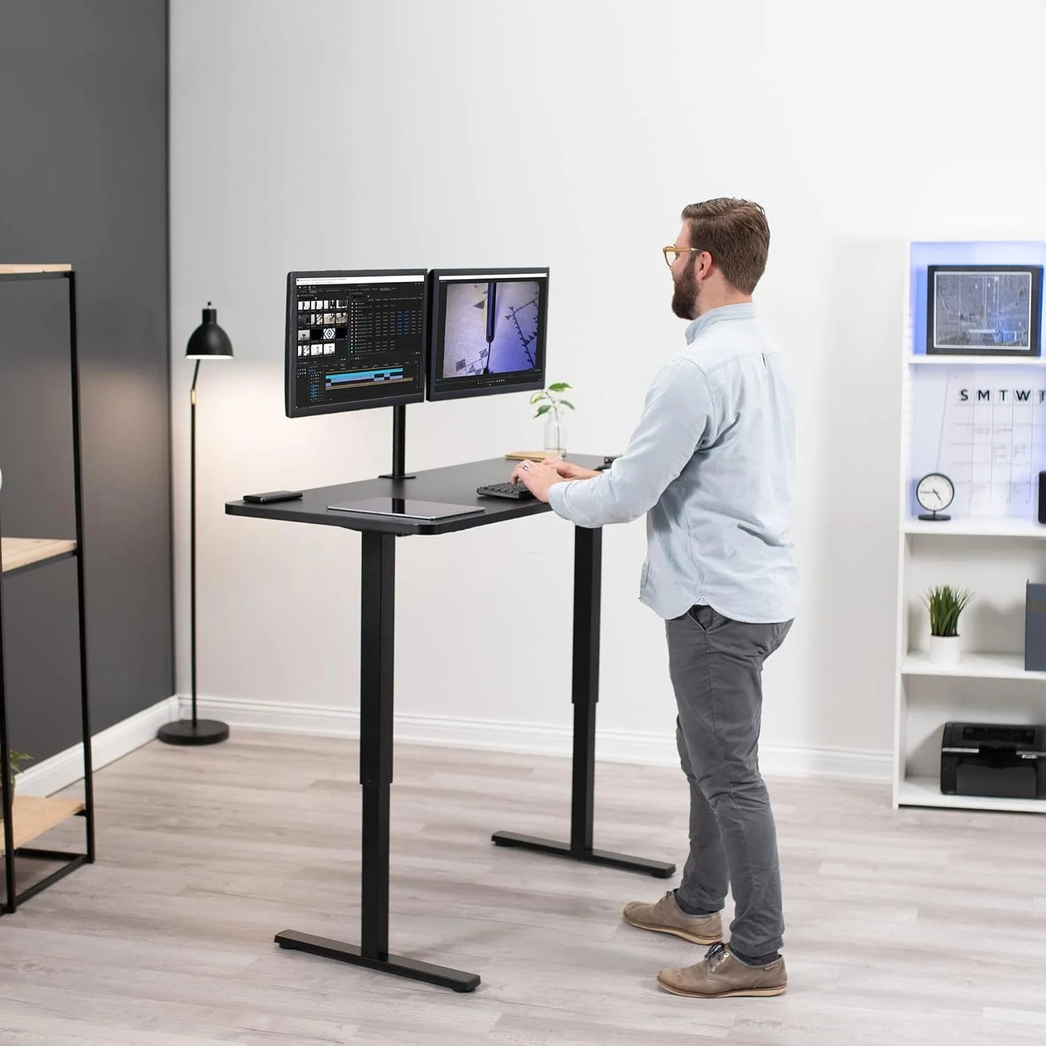 Manual Height Adjustable 60 X 24 Inch Stand Up Desk, Dark Walnut Solid One-Piece Table Top, Black Frame, Standing Workstation With Foldable Handle, DESK-KIT-MB6D