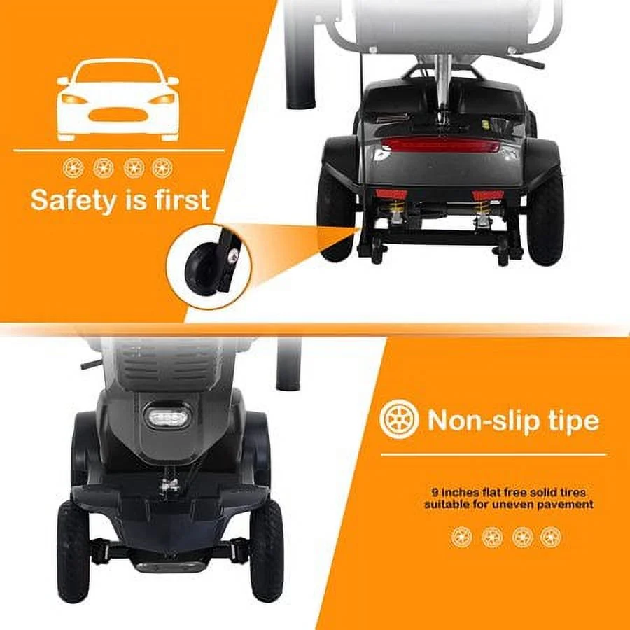 4 Wheels Mobility Scooter Grey LED Lights USB Port Extra Long Range for Seniors Adults