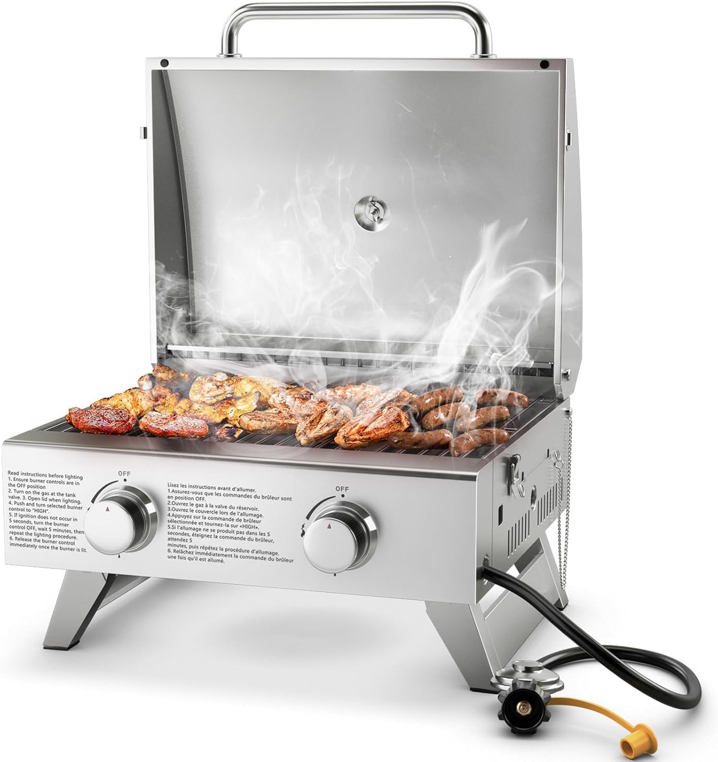 Giantex Portable Gas Grill - Tabletop Propane Grill with 2 Burners, 20,000 BTU total, Built-in Thermometer, Foldable Legs, Regulator Hose, Stainless Steel BBQ Grill for Outdoor Camping Barbecue