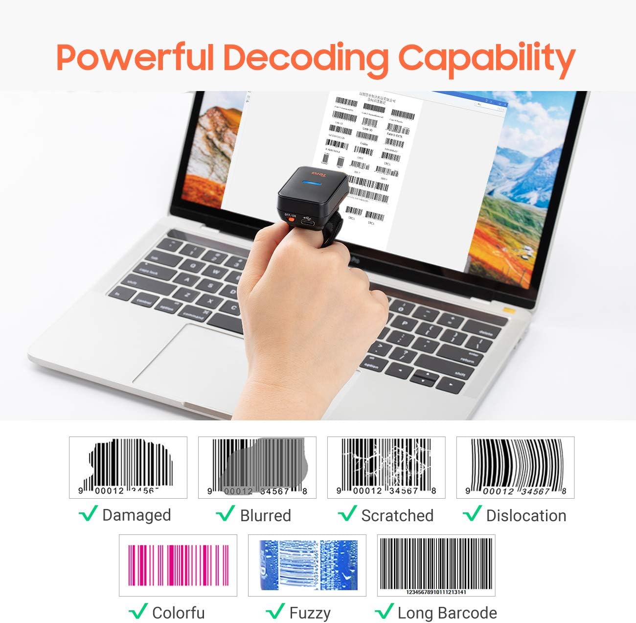 Tera Wireless Barcode Scanner Compatible with Bluetooth, Printed Digital 1D Barcode Reader Scanner Mini Wearable for Windows, Mac OS, Android with Vibration Alert Model HW0011