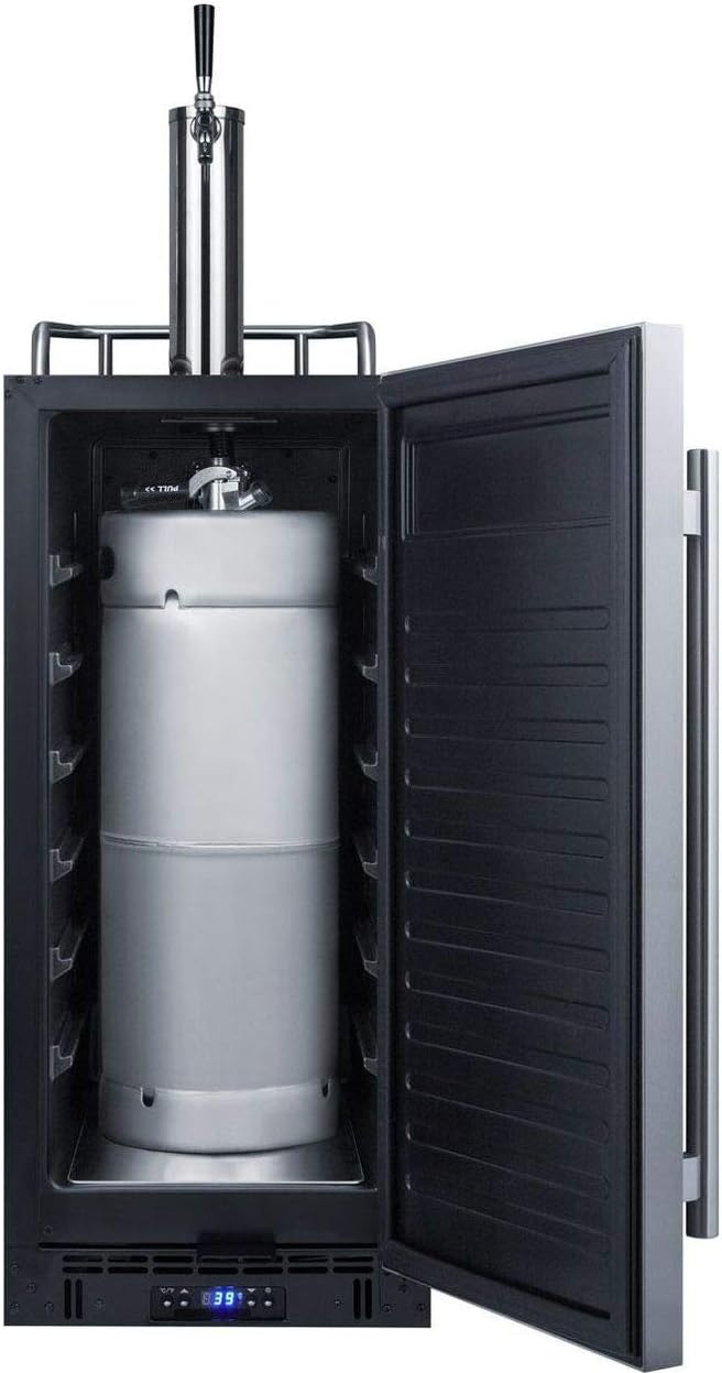 Summit Appliance SBC15BEER 15" Wide Built-In Kegerator; 2.9 cu.ft. Capacity; Auto Defrost; Digital Thermostat; Stainless Steel Door; Black Cabinet; Pro Style Handle; Sealed Back and Front Lock