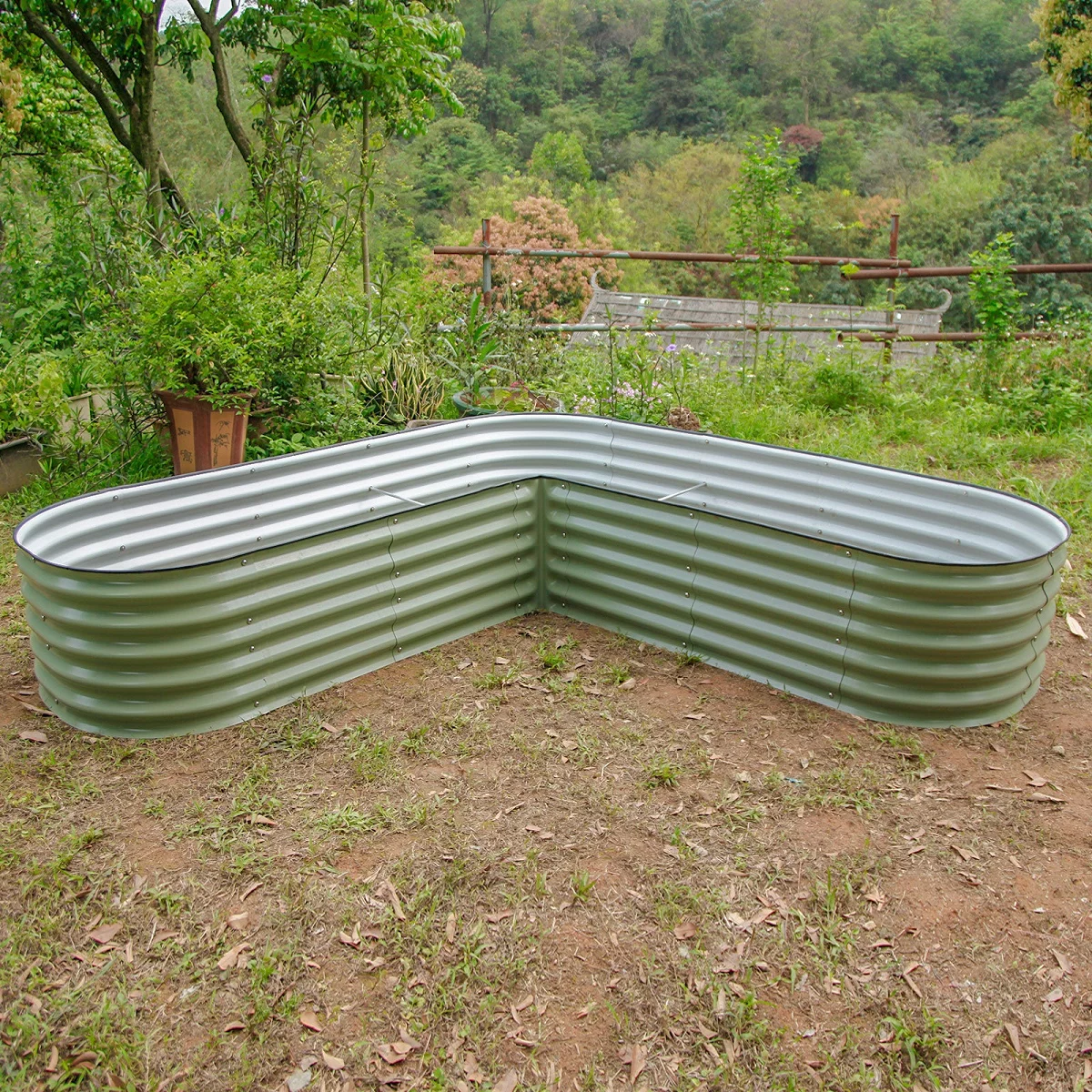 VEGEGA 17" Tall L-Shaped Modular Corrugated Metal Raised Garden Beds Large Size - Green