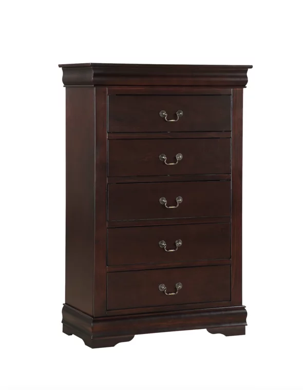 6pc Transitional King Panel Bed Set Dresser Mirror Nightstand Chest Cherry Finish Wooden Louise Bedroom Furniture