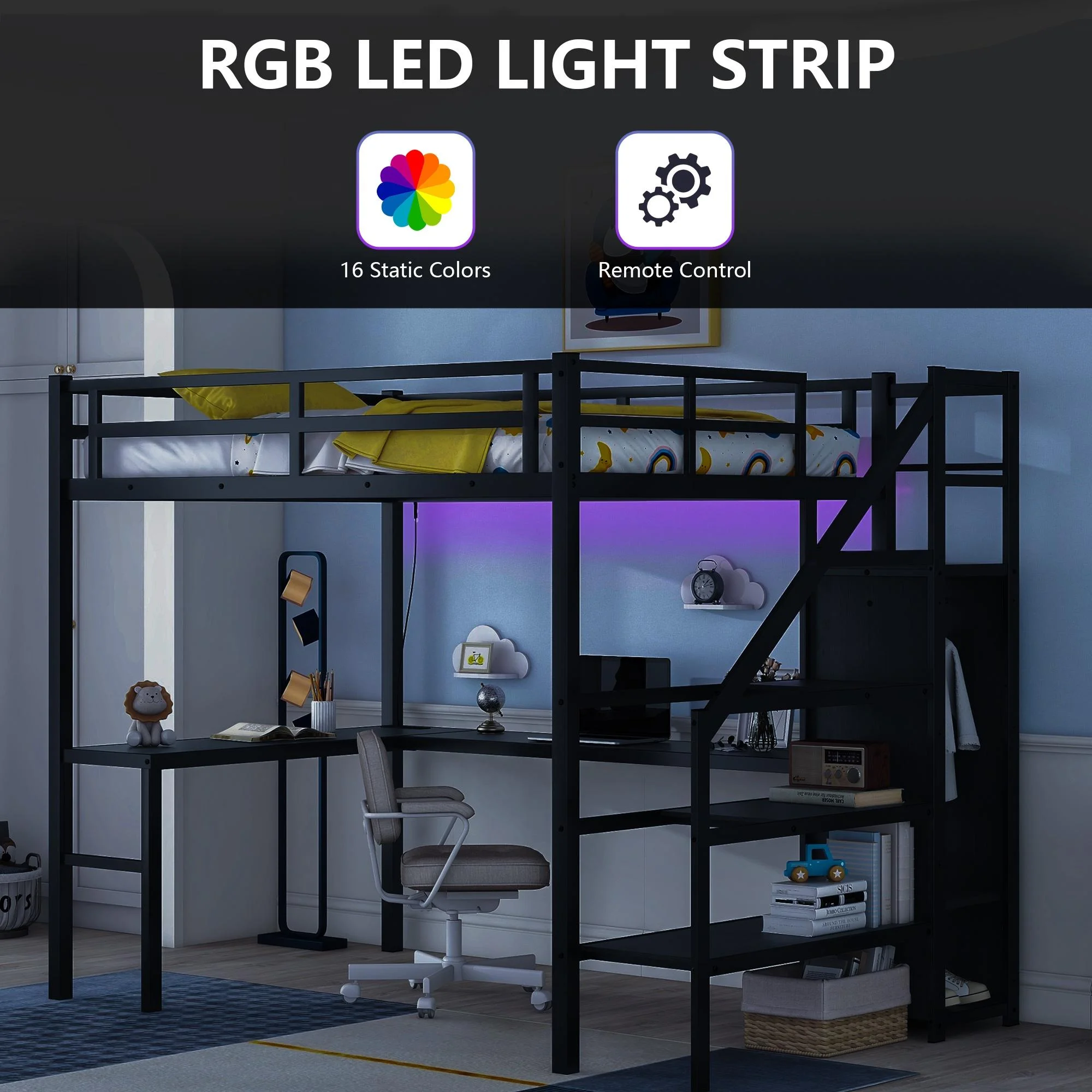 Full Size Loft Bed with Desk and Stairs, Metal Loft Bed Frame with Wardrobe and USB Charging Station, High Loft Bed with LED Light for Kids Teens Adults-Black
