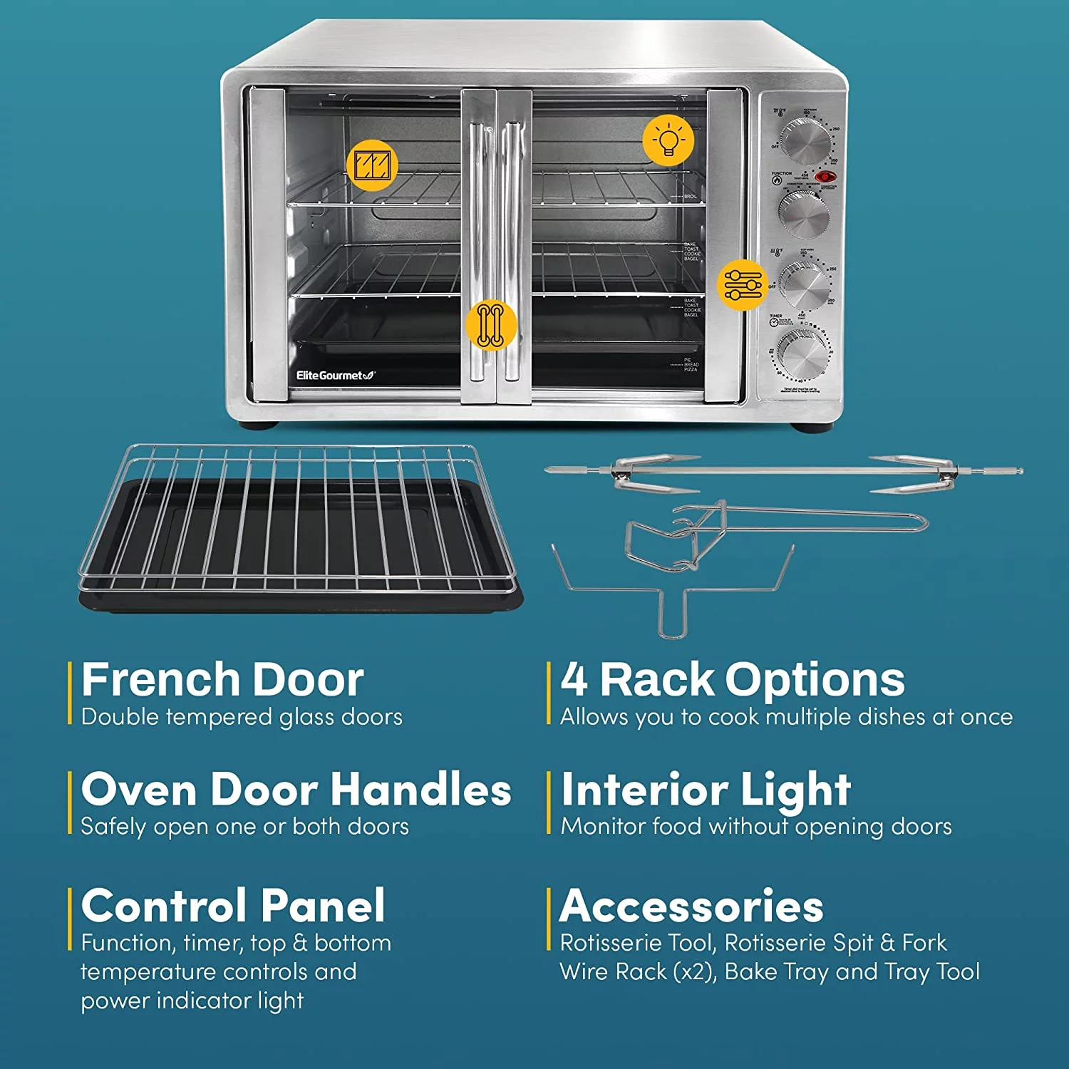 French Door 47.5Qt, 18-Slice Convection Oven 4-Control Knobs, Bake Broil Toast Rotisserie Keep Warm, Includes 2 x 14" Pizza Racks,