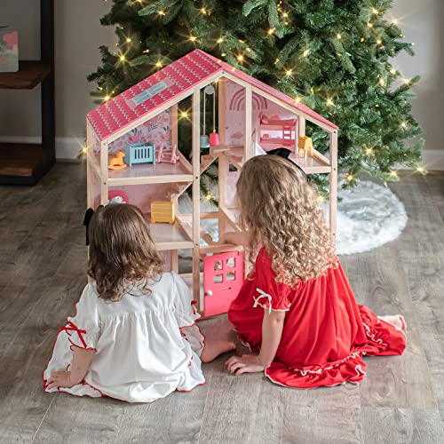 Tiny Land Wooden Dollhouse for Girls - 6 Rooms Wooden Doll House, DIY Pretend Doll House with 31Pcs Furniture Accessories, Creative Gift for Girl Ages 3+, Green