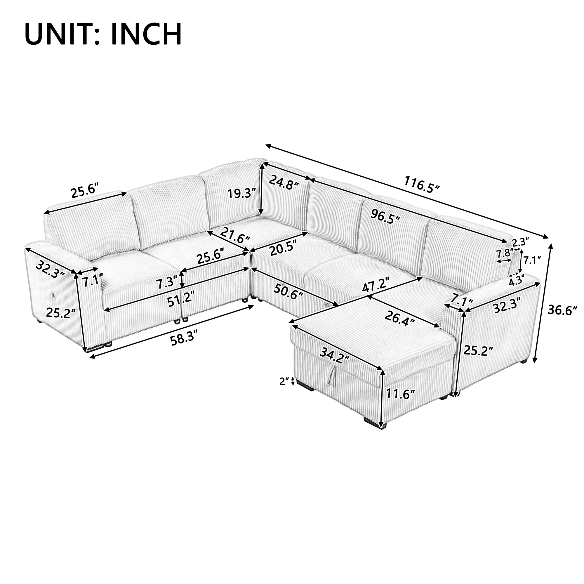EUROCO 116.5"  Larger 7-Seater Modular Sectional Sofa and Couch, U-Shaped Couch Corduroy Pull Out Sofa Bed with Storage Chaise and USB interfaces for Living Rooms, Offices, and Spacious Spaces,Beige