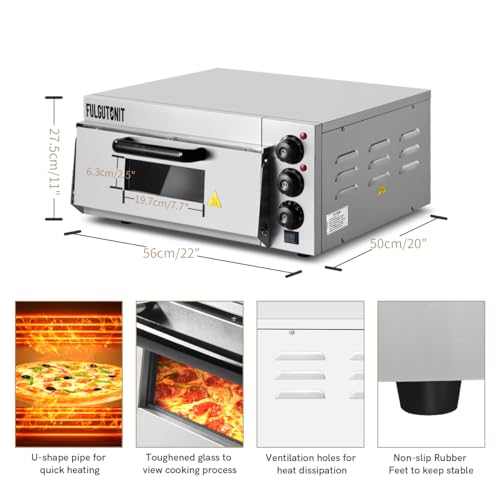 Fulgutonit Pizza Oven Countertop, 16" Electric Pizza Oven Indoor, Commercial Pizza Maker, Stainless Steel Pizza Cookerwith Pizza Stone and Timer, for Hotel Restaurant Home Baked