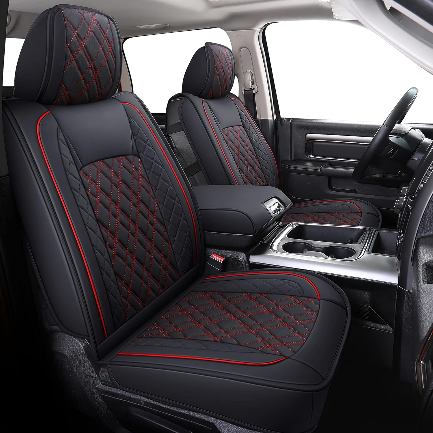 3A-DHG Ram 1500 Seat Covers Front and Back, Also Fit for Most of The 2006- 2020 Ram 2500 3500 Crew Cab& Quad Cab Truck, with Faux Leather (3A-DHG-Black & Red)