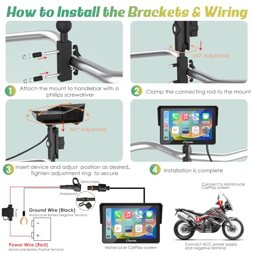 Carpuride W702 for Motorcycle, 7 inch Waterproof Touchscreen, Portable Carplay/Android Auto GPS Navigation for Motorbike, Support Dual Bluetooth, Car GPS, Siri, G00gle Assistant, TF-64G