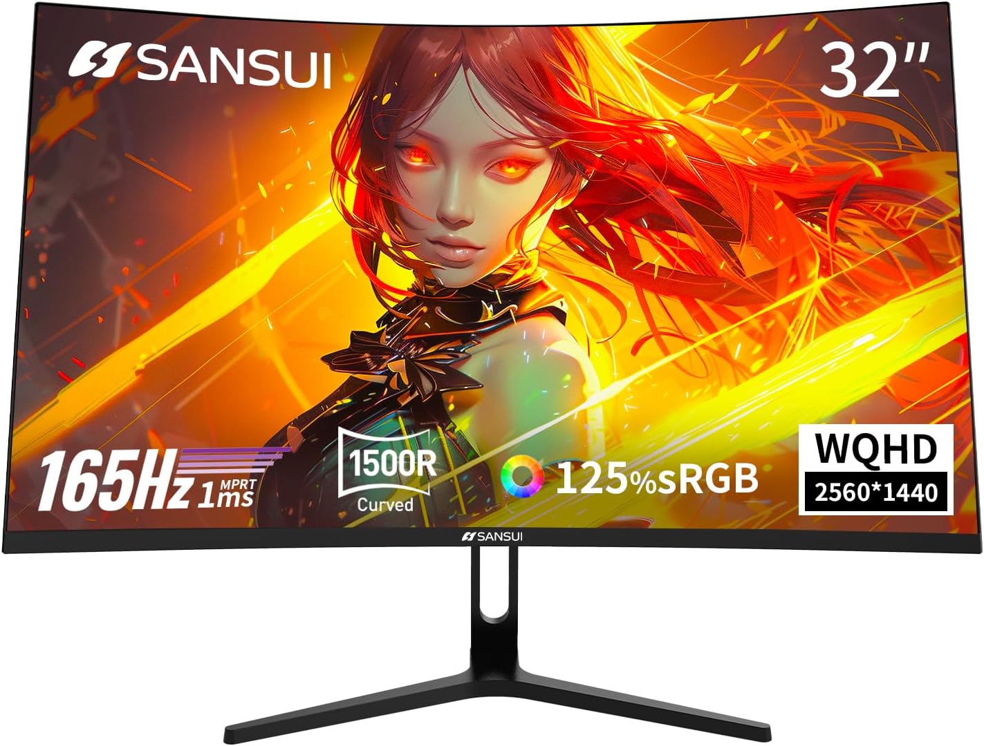 SANSUI 32-Inch WQHD 165Hz Curved 1500R Wide Gaming Monitor-2560 x 1440, 1ms(OD), HDR, 300nits, sRGB 125%, DCI-P3 95%, Adaptive Sync, HDMI2.1(TMDS) x2, DP1.2x2(ES-G32C3 DP Cable Included)