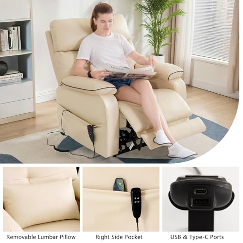 Dual Motor Power Lift Recliner Chair for Adult & Elderly, Infinite Position Lay Flat Lift Chair with Heat & Massage, Cup Holder, Lumbar Pillow, Wireless Charger, USB Ports, Leather (Beige)